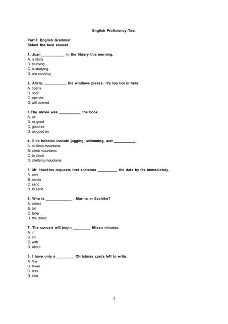 Standardized english proficiency test ploicy proficiency test sample